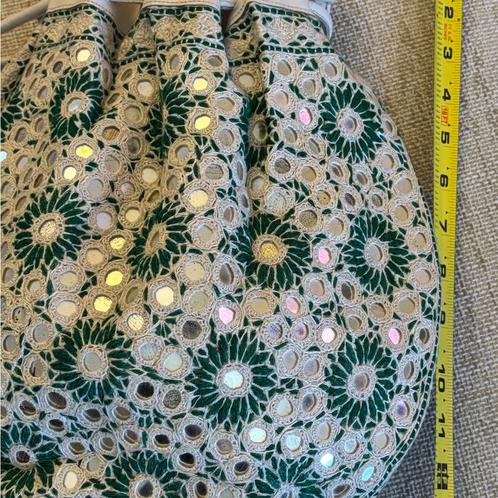 Leather and Crochet Drawstring Hobo Bag in Cream and Green - Picture 4 of 12